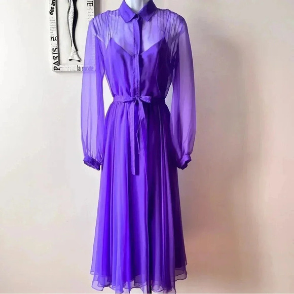 Vintage 60s Purple Chiffon Sheer Long Sleeve Pintuck Dress Size 12 - Picture 1 of 16